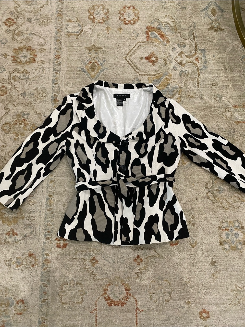 Sandro Sportswear Black White Animal-Print Button-Front Tie-Waist Shirt